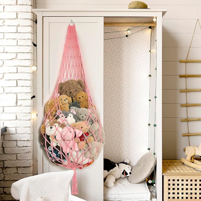 Amdermi Stuffed Animal Net or Hammock Corner Hanging Net for Stuffy Animal Storage Macrame Toy Display Plush Toy Holder Wall Pet Net for Nursery Kid Bedroom Decor Playroom Organizer (Pink XL)