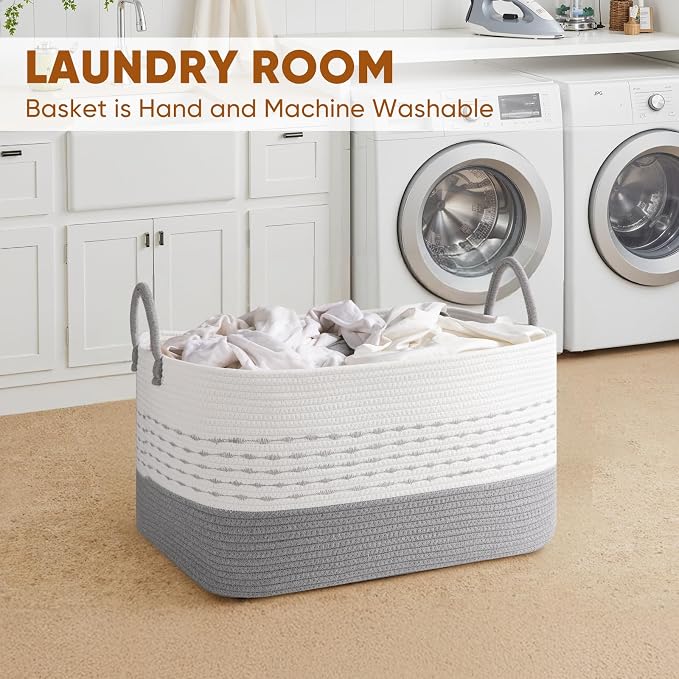 OIASKET 75L Large Cotton Rope Storage Basket, Soft Decorative Blanket Basket for Living Room & Bedroom, Boho Laundry Hamper with Handles Capable of Holding Pillows, Clothes and Toys-Grey & White