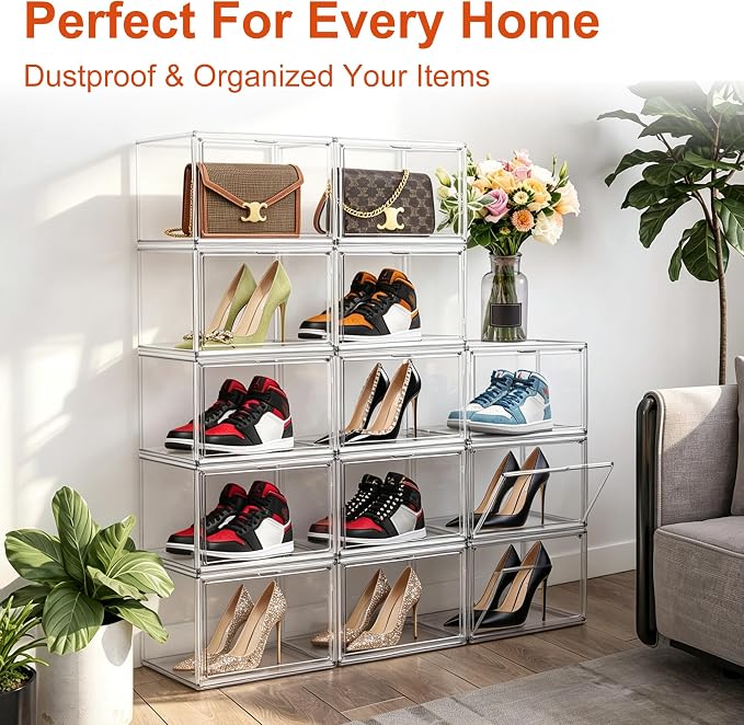 12 Pack Acrylic Shoe Storage Boxes Clear Sneaker Shoe Display Case Fit US Size 12, Stackable Hat Sneaker Shoe Organizer for Closet, Entryway, Underbed, Space Saving Shoe Boxes for Men Women