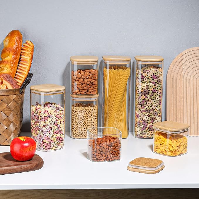 ComSaf Glass Spaghetti Pasta Storage Containers with Lid(71oz), Tall Clear Airtight Food Storage Jar with Bamboo Lid for Noodles Flour Cereal Sugar Beans, Sqaure Spaghetti Pantry Container