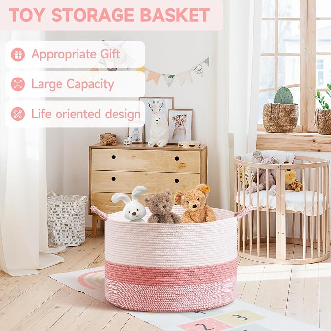 CLHMILY&Z Large Cute Pink Basket - 20x13 Inches - Blanket Hamper for Living Room, Round Storage Bin, XLarge Laundry Organizer for Clothes, for Tree Plant, Mix Brown