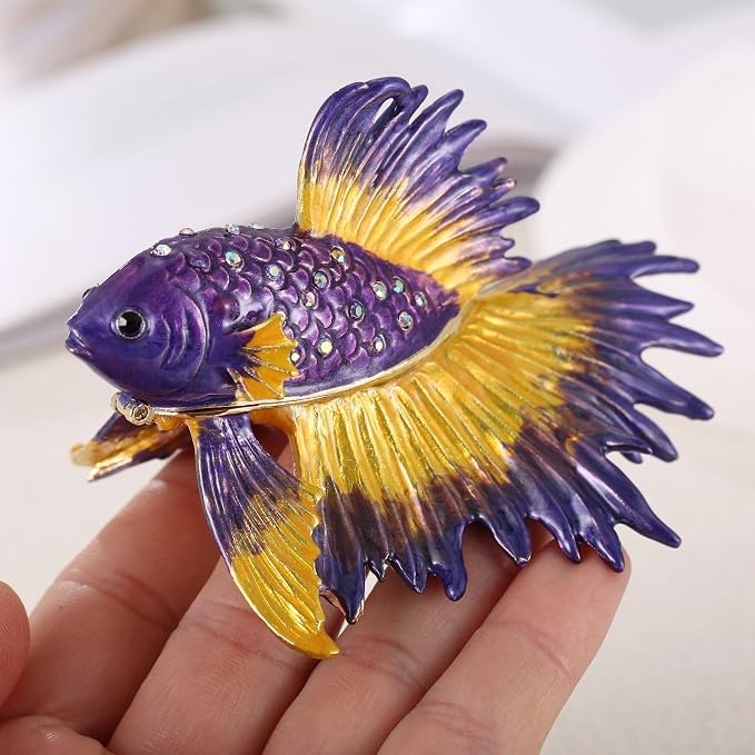 Hand Painted Animal Trinket Box for Home Decor, Hinged Jewelry Organizer Storage, Unique Personalized Collectible Keepsake Figurine Handmade Decorative Ornament Gifts (Crowntail Beta Fish)