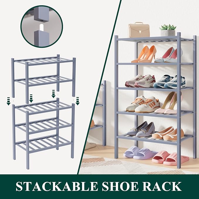 Smiry Bamboo Shoe Rack for Closet, 4 Tier Small Wooden Shoe Organizer, Stackable Wood Shoe Storage Shelf for Entryway, 14 Vertical Slats, 2+2 Stack Heavy-Duty Legs, 17.32"x11.02"x25.98", Grey