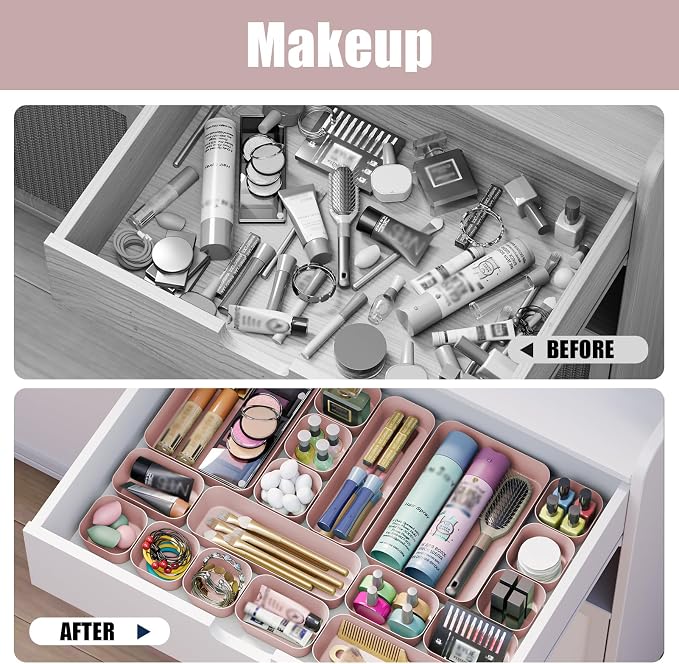 Drawer Organizers Bins 10 PCS for Bathroom Makeup Desk Office | with Non-slip Pads, 3 Sizes, Plastic Tray, Vanity Organizer, Kitchen Utensils Organizer