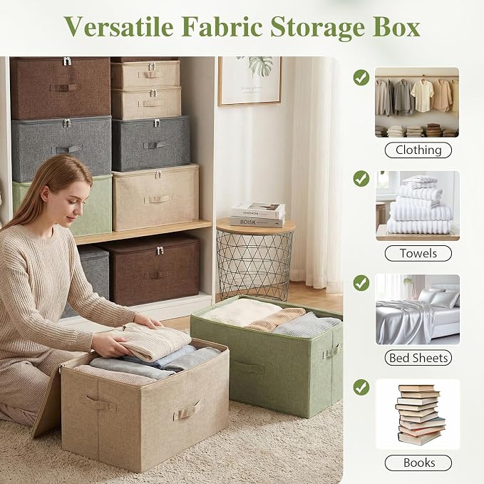 ANMINY Storage Bins with Zipper Lids 36 Qt Lidded Fabric Storage Boxes Baskets Cubes with Handles Collapsible Washable Cotton Linen Closet Shelf Clothes Organizer Containers - Green, Large