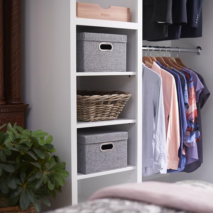 Household Essentials Storage Bin Set with Lids with Textured Linen Look Fabric, Chromed Grommet Handles, Gray Finish, Set of 2