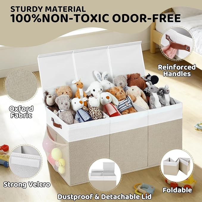 Extra Large Foldable Toy Chest with Lid,Collapsible Kids Toy Storage Box Organizer,Large Fabric Storage Bin for Nursery Playroom Bedroom Living Room,40”x18”x14”,White & Beige