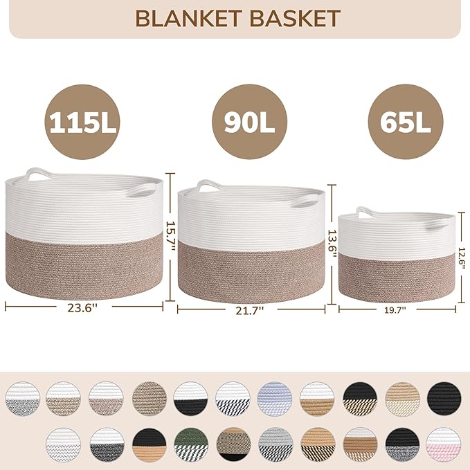 INDRESSME 115L Extra Large Cotton Rope Basket, Blanket Basket for Home Decor Living Room Nursery, Toy Storage Baskets for Kids Boys Girls, White & Navy