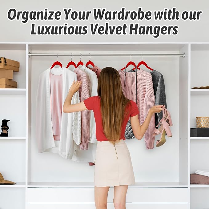 Sishynio Velvet Hangers 50 Pack ā Slim Non-Slip Flocked Hangers with 360° Swivel Hook, Space-Saving Closet Organizer for Dresses, Blouses, Coats(Red)
