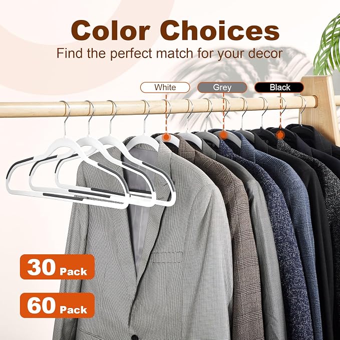 HOUSE DAY Heavy Duty Plastic Hangers 30 Pack, Non Slip Clothes Hangers with Rubber Pads and 360° Hook - Thin 0.2 Inch, Space Saving Coat Hanger White, Closet Organizer for Shirt, Pants, Suit, Skirt