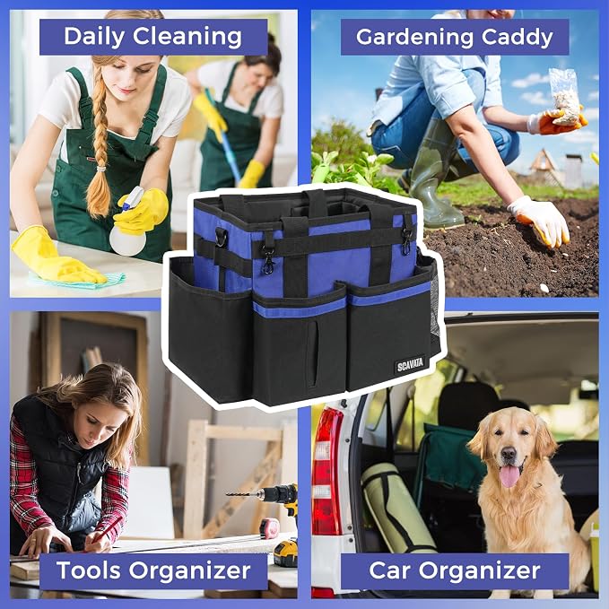 SCAVATA Compact Wearable Cleaning Caddy, Small Supplies Organizer with Handle & Shoulder Straps for Housekeepers, Under Sink & Car Cleaning Tool Organizer Bag (Blue)