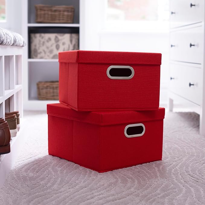 Household Essentials Storage Bins with Lids and Chromed Grommet Handles, Set of 2, Textured Linen Look, Red