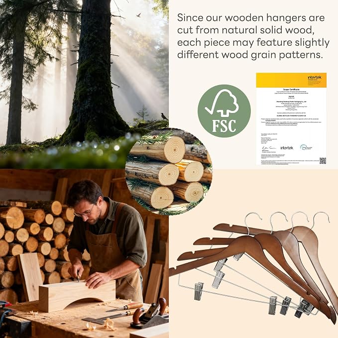HOUSE DAY Wooden Hangers with Clips 24 Pack, Heavy Duty Walnut Wood Pants Hanger, Premium Skirt Hanger with Adjustable Clips, Solid Clip Hangers for Suit, Blouse, Dress, Coat, Jacket, Bottom