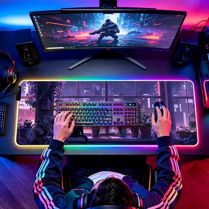 RGB Japanese Anime Cute Cat and Plant Gaming Desk Mat, Computer Keyboard Large Extended Kawaii Animal LED Mouse Pad for Office and Home, 31.5×11.8 Inches, XL, Purple