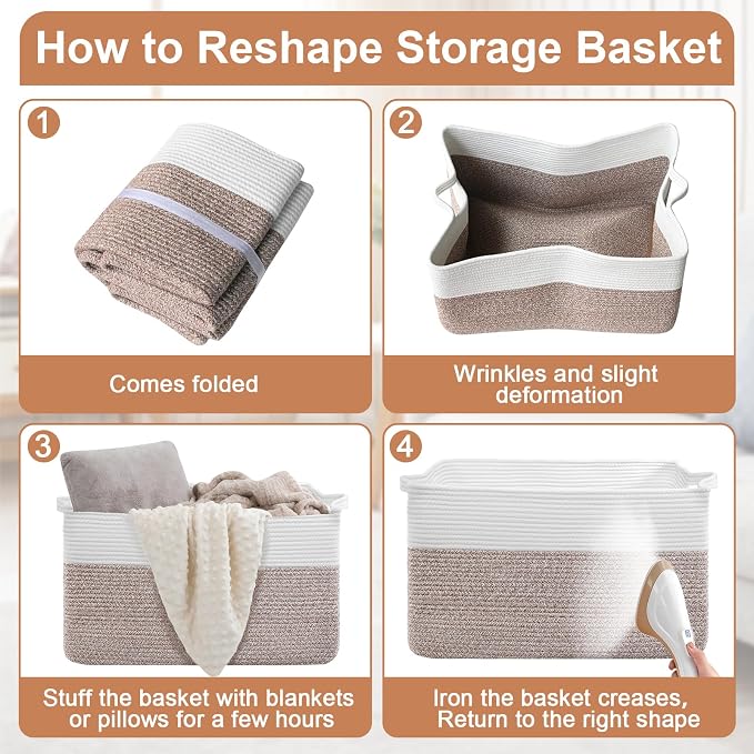 105L XXXL Large Blanket Basket, Rectangular Cotton Rope Basket, Laundry Hamper for Blankets, Pillows, Extra Large Toys Storage Bins for Kids, Dogs 25" x 16" x 16", White & Brown