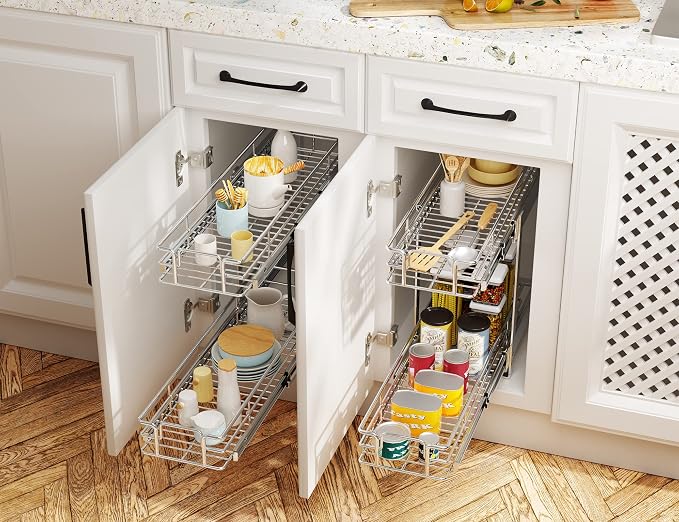 LOVMOR Individual Pull Out Cabinet Organizer, 2 Tier Slide Out Cabinet Drawers, Pots and Pans Organizer and Storage Pantry Shelf for Kitchen (5½" W x 21½" D)