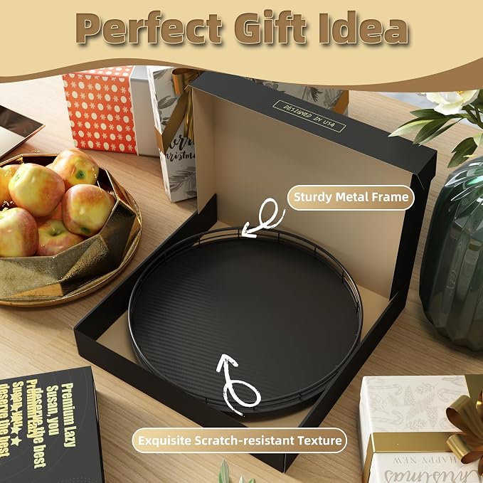 12" Lazy Susan Turntable Organizer for Table Top, Round Wooden Lazy Susan for Cabinet Kitchen Decor Centerpieces Coffee Table, Storage Condiments Spices, Bathroom Vanity Tray for Soap, Black