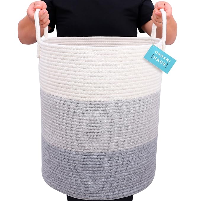 OrganiHaus Tall Cotton Rope Laundry Basket & Hamper, Blanket Storage 52L | 3-Toned Gray - Tall Cotton Rope Hamper, 52L
