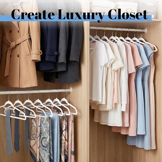 Smartor White Velvet Hangers 60 Pack, Space Saving Clothes Hangers with Tie Bar, Non-Slip Felt Hanger with Shoulder Notches, Heavy Duty Suit Hanger for Coat, Shirt, Pants, Dress | Non-slip Felt, Shoulder Notches and 360° Hooks Keep Suits, Dresses and P...