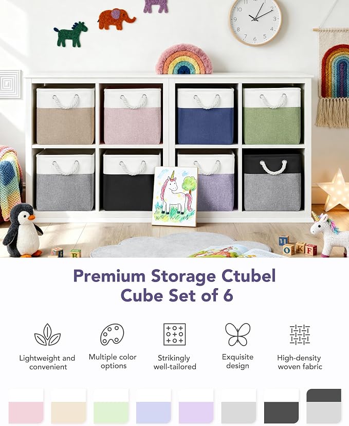 12x12 Storage Cube Bins, 6 Pack Reinforced Bottom Cardboard Foldable Box, Organizer for Closet Shelves, Heavy Home Storage Baskets (White Purple)
