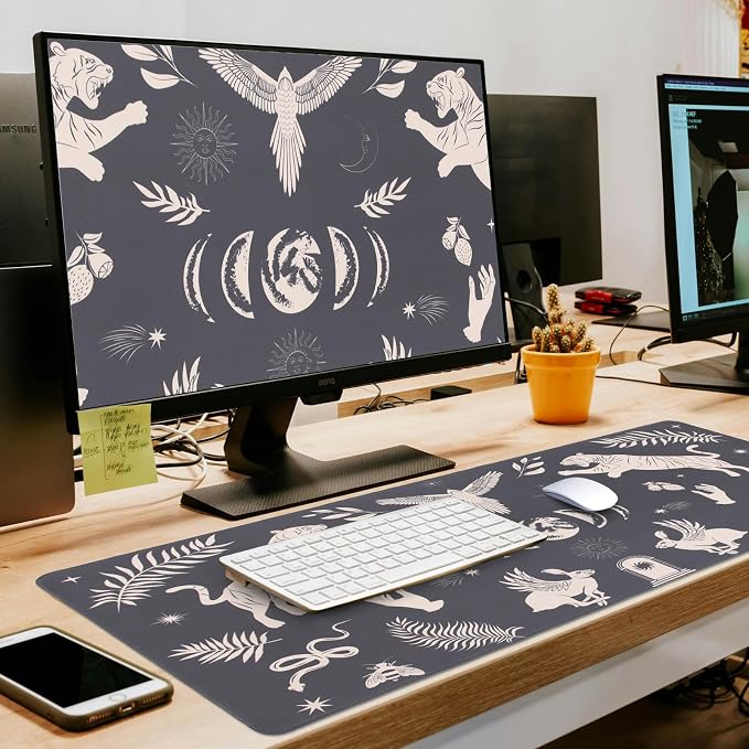 L-SPOUTTO Black Desk Mat for Keyboard and Mouse,Boho XXL Gaming Mouse Pad | Mystical Animals Large 35.4x15.7in Non-Slip Rubber Base Keyboard Pad Desktop Mat for Laptop Computer Work Home Office