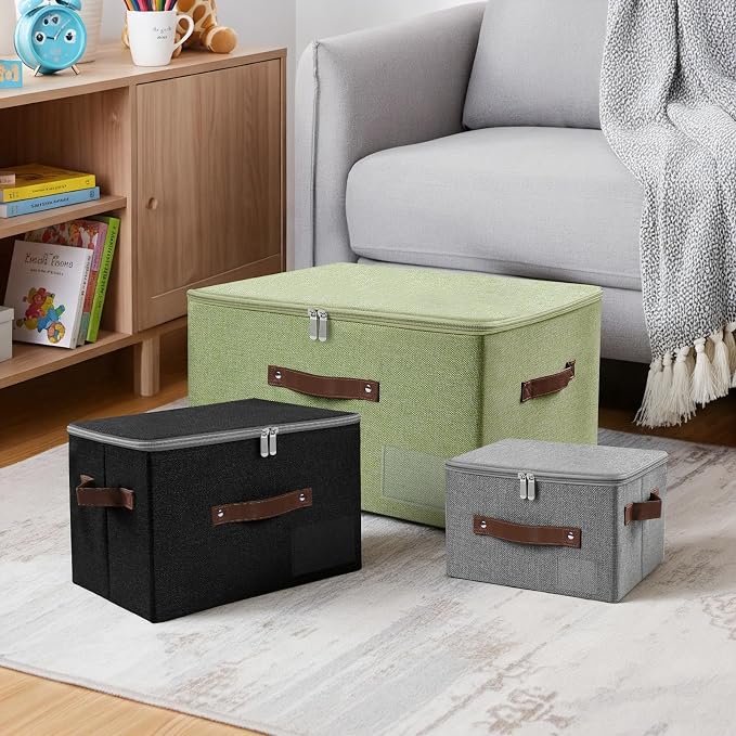 ANMINY 3PCS Storage Bins with Zipper Lid Storage Boxes with Label Holder PU Leather Handles Washable Foldable Decorative Lidded Cotton Linen Fabric Cubes Baskets Closet Organizer - Black, Medium