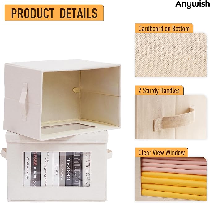 4-Pack 15" Fabric Storage Bins with Lids, Closet Organizers and Storage Boxes with Clear Window, Foldable Clothes Baskets for Blankets, Beige