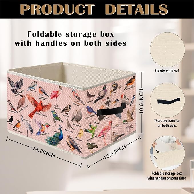 Pink Bird Storage Bin Box with Handles, Bird Lover Watcher Foldable Organizer Basket Toybox for Girls Bedroom Home Bathroom Clothes Toys Books
