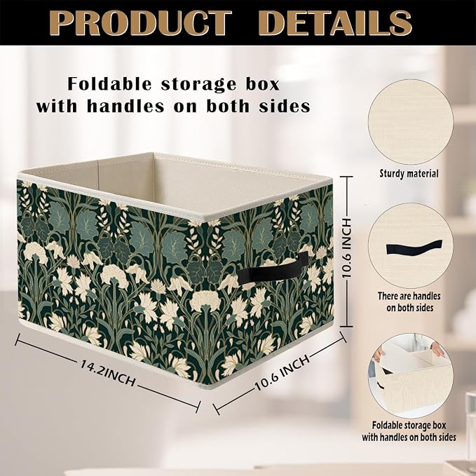 Vintage Art Deco Dark Green Floral Storage Bin Box with Handles, William Morris Inspired Flower Foldable Organizer Basket Toybox for Home Bedroom Bathroom Clothes Toys Books