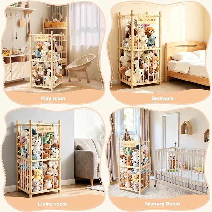 Stuffed Animal Storage, Wood Stuffed Animal Zoo Storage, Space Save Toy Organizer, Large Capacity Stuffed Animal Holder, Perfect for Nursery Playroom Kidroom Bedroom