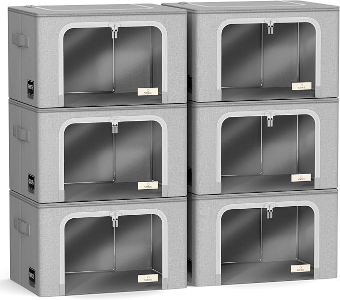 Sorbus Storage Bins with Metal Frame - Stackable & Foldable Clothes Organizer Bags - Oxford Fabric Storage Containers with Large Clear Window & Carry Handles Organization for Bedding Linen & Clothing