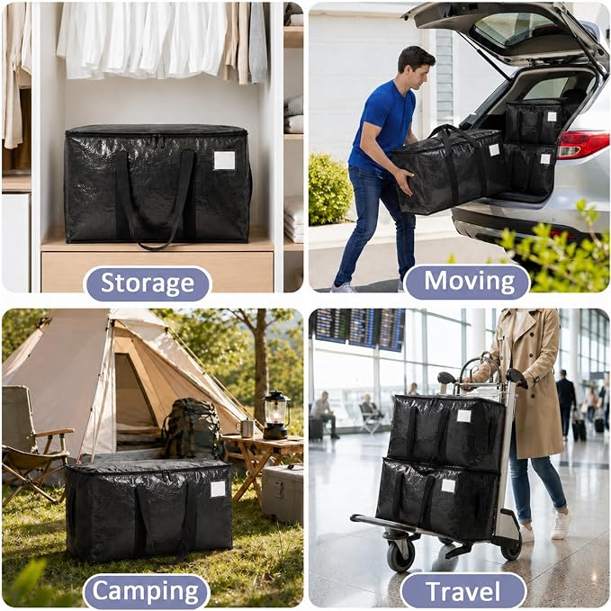 Songrey Heavy Duty Moving Bags, 4 Pack Large Storage Bags with Zipper & Handles, Waterproof Totes Bags for Clothes Packing, Moving, College Supplies, Home Organization