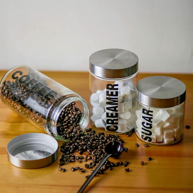 KMwares Glass Food Jars, Clear Storage Containers with Stainless Steel Lid, Airtight Glass Canisters Set for Coffee, Sugar and Creamer Container Set of 3 w Stainless Steel Lids((Sizes/57/44/29 oz)