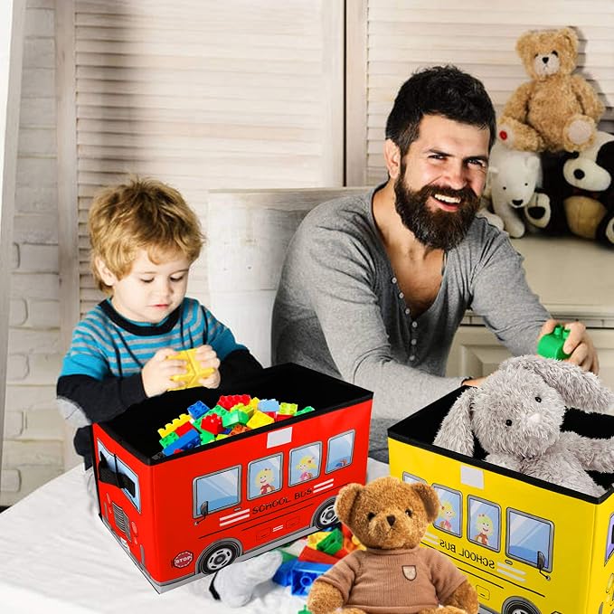 Kids Toy Chest,Collapsible Storage Cubes Organizer with Handles, Kids Toy Bin with Lids, School Bus Pattern Toy Storage Organizer for Playroom, Closet, Living Room, Kids Birthday Gifts,3 Packs