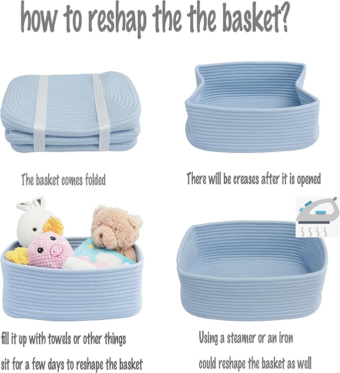 XUANGUO Small Woven Storage Baskets 12“X8”X5“ Decorative Rope Bins for Organizing Shelves, Closets, and Toys, Empty Gift Baskets, Cute Organizer Basket for Home and Office (blue, regular)