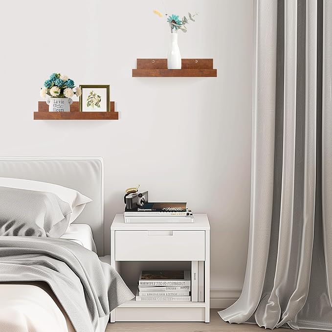 Muzilife 12" Small Floating Shelves Wood Wall Shelf with Lip, 4Pcs, Brown | FSC-Certified Wood | 20 lbs Capacity | Space-Saving | Hanging Shelf | Wall Decor| Bedroom,Living Room,Bathroom,Kitchen,Office