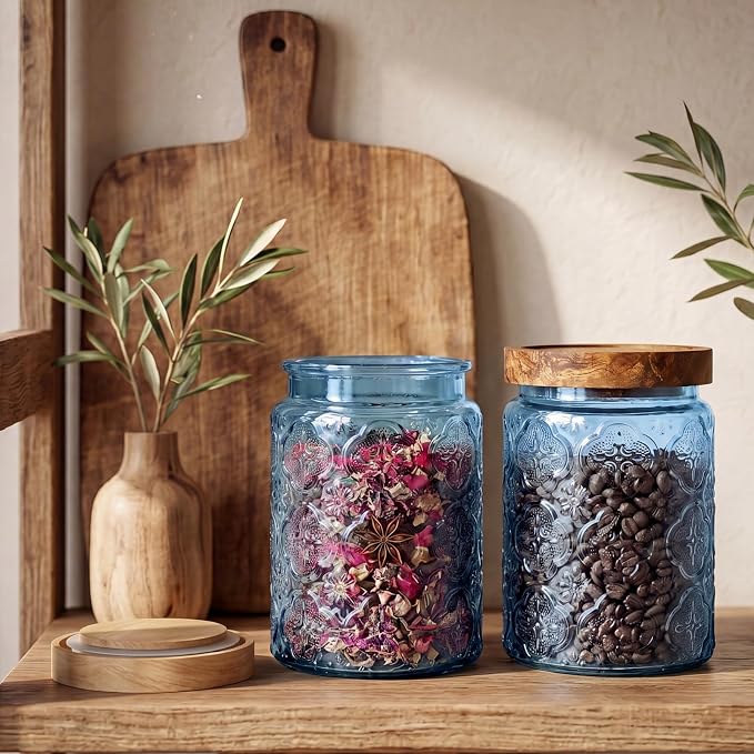 LemonRoad 2 Pcs Vintage Blue Glass Storage Jars 23.7 oz Mason Jar Canister with Wood Lids Food Storage Container for Cookie, Pantry, Candy Kitchen, Coffee, Tea, Flour, Sugar, Decorative Home Decor