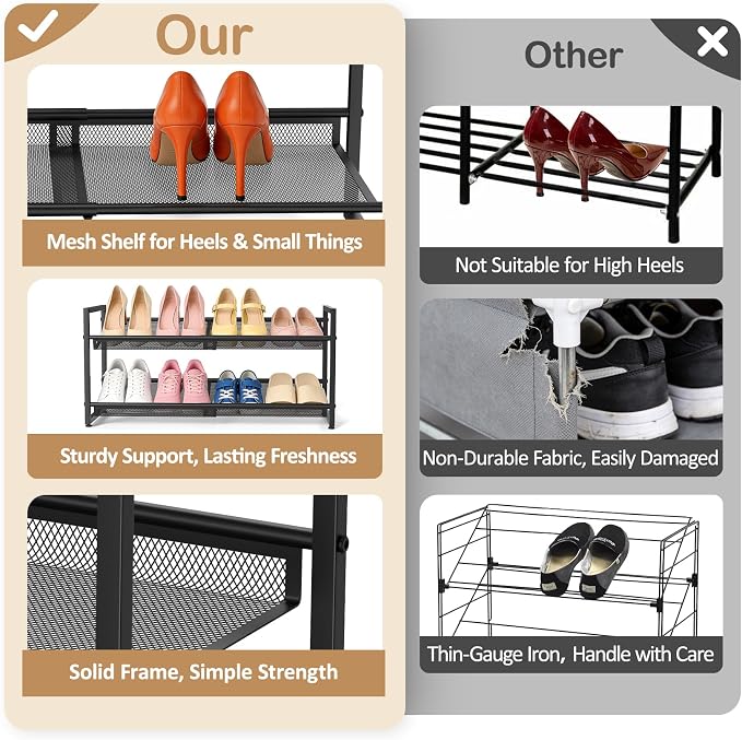 Expandable Shoe Rack, 2 Tier Adjustable Shoe Organizer with Flat & Slant Dual Use Design, Space Saving Shoes Stand for Closet & Entryway, Sturdy Dense Metal Grid Shoe Holder for High Heels, Sneakers