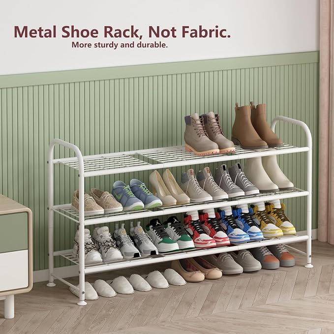 LINZINAR Shoe Rack Long 3 Tier Shoe Storage Organizer Metal Wide Shoe Shelf for Closet Entryway Bedroom 24 Paris Large Capacity, Black (White, 3-Tier)