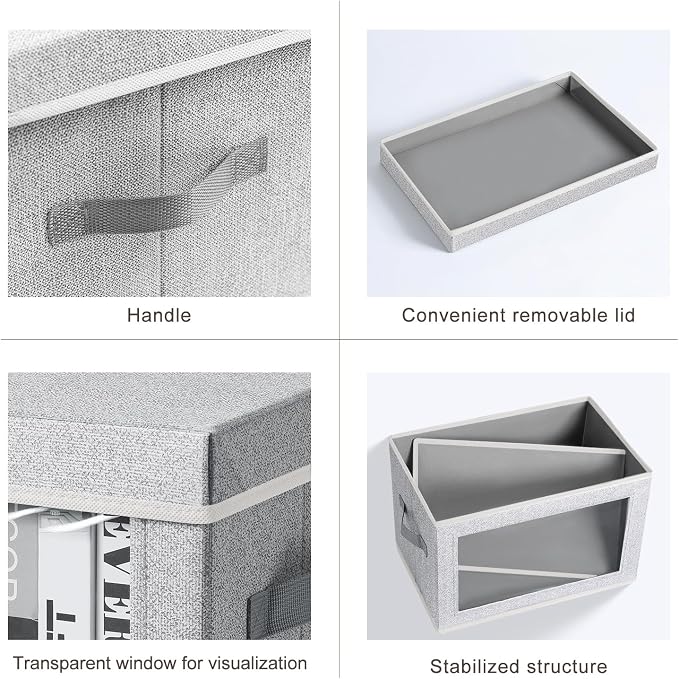 Homsorout Storage Box with Lids - 5 Pack Foldable Clear Window Storage Bins, Large Decorative Storage Bins with Handles, Storage Containers for Clothes, Towel, Blanket, Sheet, Light Grey