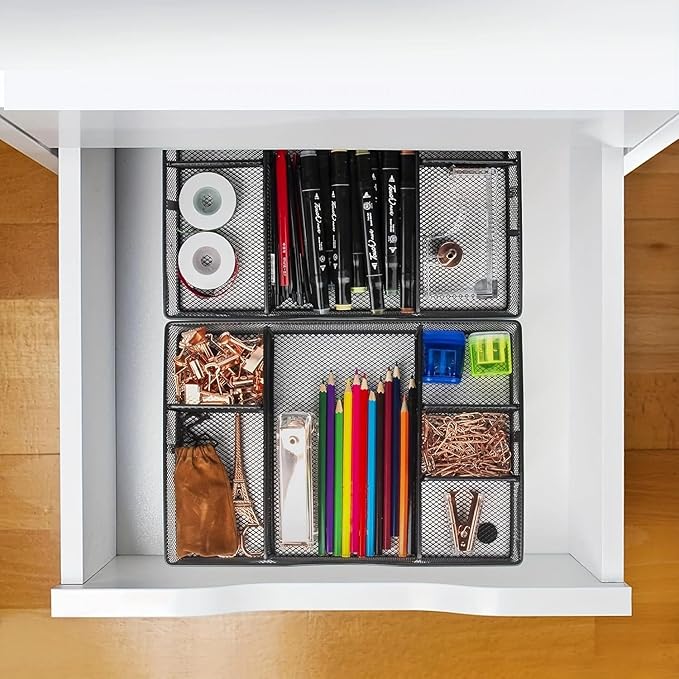 VyGrow Desk Drawer Organizer Tray, Metal Mesh Drawer Organizers Office, 6 Adjustable Compartment, Desk Organizer Tray for Home Office 12.87L x 8.73D x 1.96H inch, Black, 1PC Medium
