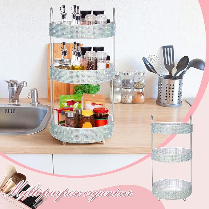 Honeydak 360 Rotating Perfume Organizer Gift for Women, Rhinestone Preppy Skincare Organizer Bathroom Counter Makeup Holder Skincare and Perfume Storage for Cosmetic(3 Tiers,Resin Diamond,AB Color)