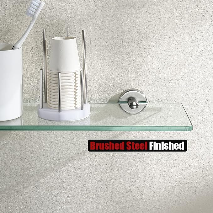 JQK Bathroom Glass Shelf Brushed Steel, Tempered Glass Shower Storage 16 by 5 inches, 304 Stainless Steel Brushed Wall Mount 2 Pack, TGS101L16-BN-P2