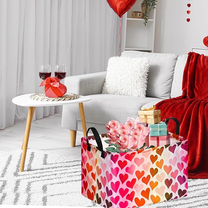 Rectangular Valentines Basket Storage Bin for Shelves Girls Gifts Baskets Foldable Box with Handles for Home Office Car Dormroom Valentine's Day Party Supplies