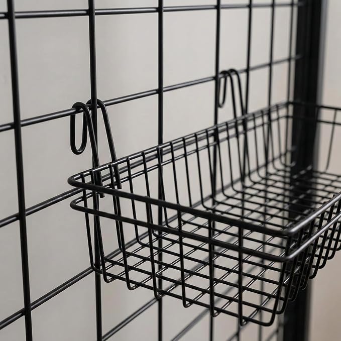ANZOME Grid Wall Baskets, 4 Pack Black Wire Mesh with Hooks | Hanging storage bins for craft room, retail, office & pantry, built-in mounting clips, display shelf organizer, sturdy quad