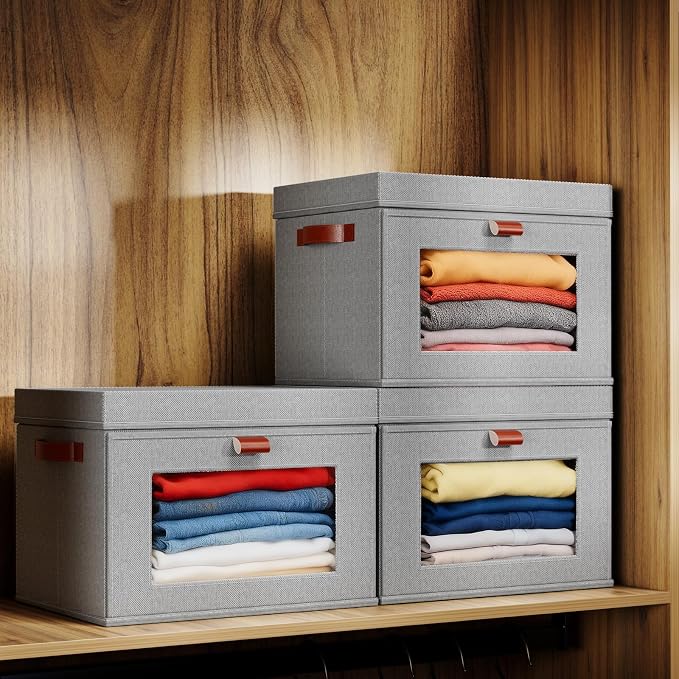 4-Pack Large Storage Bins with Lids,Stackable&Collapsible Closet Storage Bins,Oxford Fabric Organizer Box with Clear Window,Large Decorative Storage Boxes for Closet,Dorm16.5"x11.8"x11"