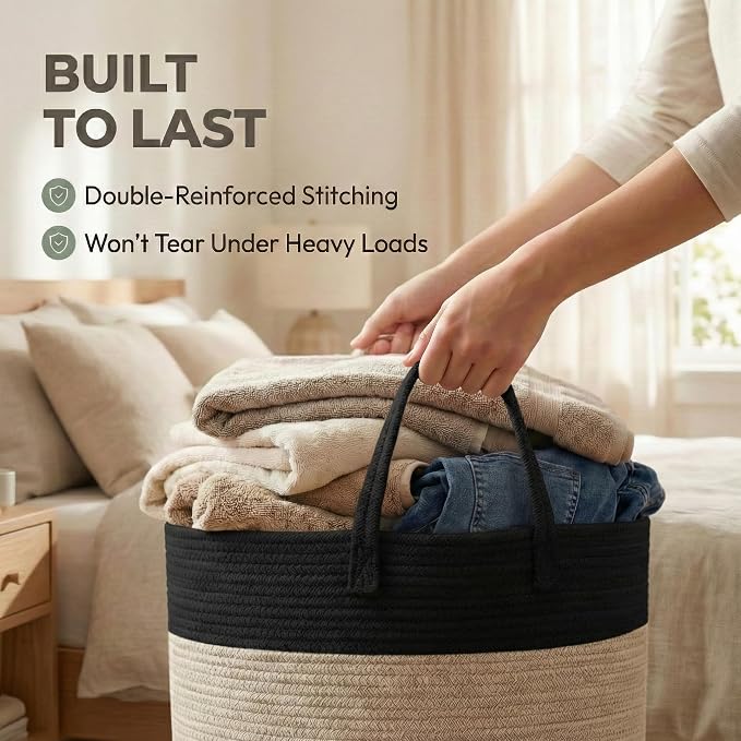 JMvicyroam 115L Extra Large Blanket Basket for Living Room - Woven Cotton Rope Laundry Hamper with Reinforced Handles - Storage Bin for Pillows, Comforters & Toys - Machine Washable,Black&Jute