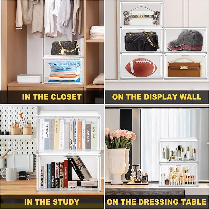 12 Pack Clear Shoe Boxes Plastic Stackable Shoe Cabinet with Acrylic Magnetic Lids Drop Side Sneaker Display Case for Closet, Entryway, Fits Men's or Women's Shoes up to Size 12.5
