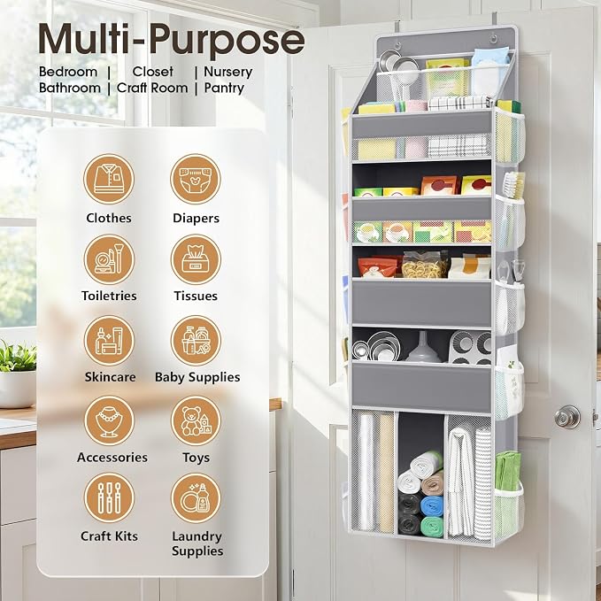 WISELIFE 5-Tier Over the Door Organizer for Hanging - 50LB Heavy-Duty Back of Door Organizer with 5 Spacious Pockets & 13 Mesh Pockets, Multipurpose Storage for Nursery, Bedroom, Closet(1 Pack, Gray)