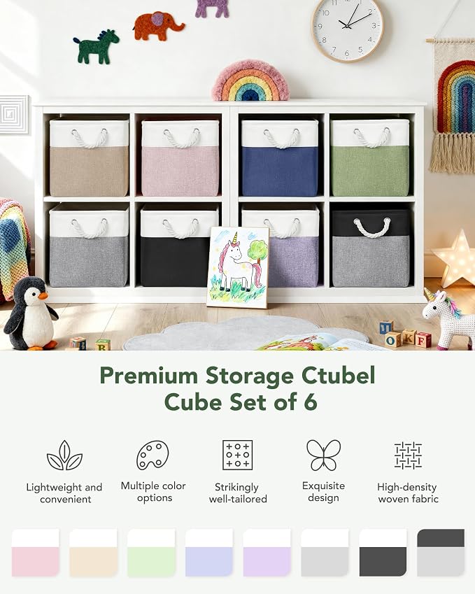 12x12 Storage Cube Bins, 6 Pack Reinforced Bottom Cardboard Foldable Box, Organizer for Closet Shelves, Heavy Home Storage Baskets (White Green)